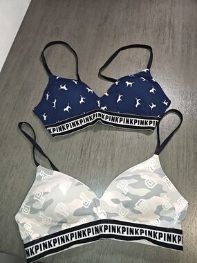 PINK Bralette Duo - Navy Dog Print & Pastel Camo Size 36B